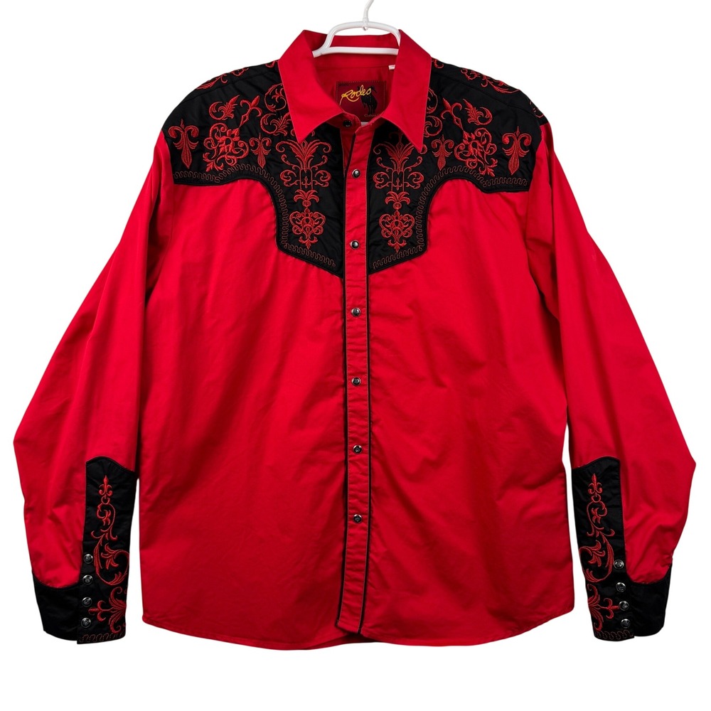 Rodeo Clothing Co Mens Red Black Embroidered Western Pearl Snap Shirt Large L